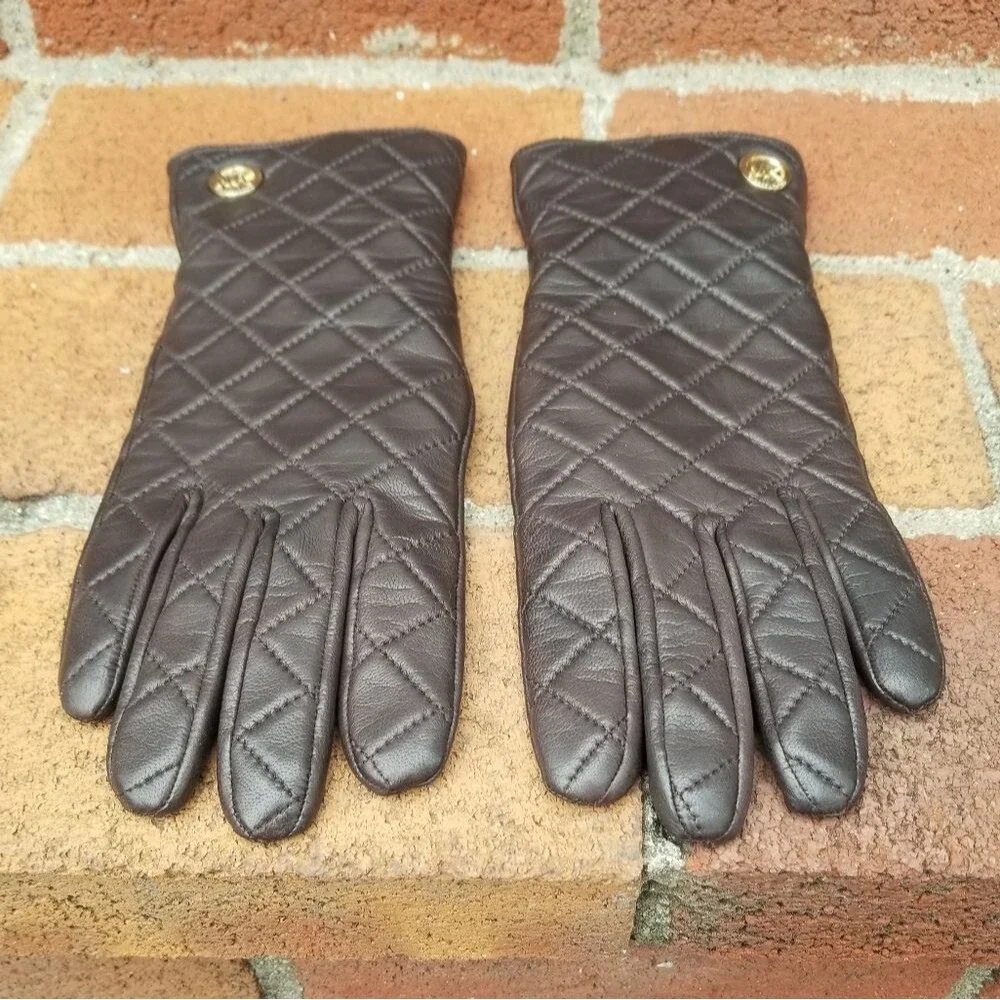 Michael Kors Quilted Leather Gloves Chocolate Brown w/ Cashmere Blend Lining 7.5